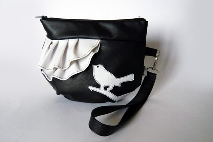 ruffle wristlet bird on branch black and white by squirrellicious